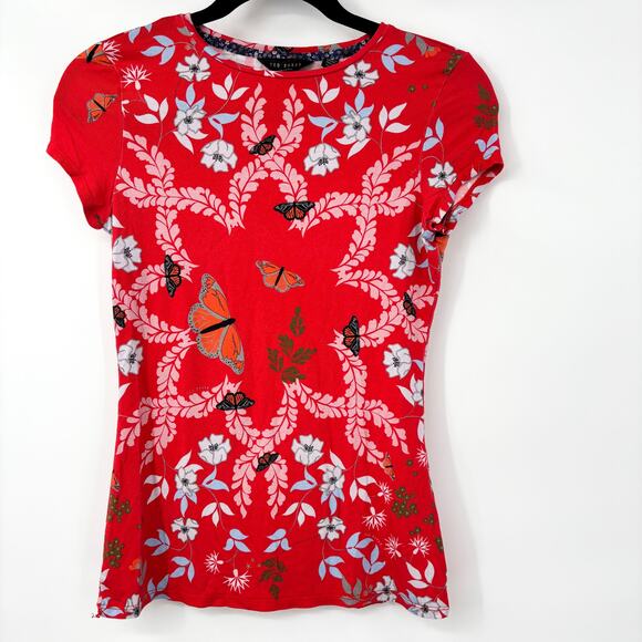 Ted Baker London Kyoto Gardens Fitted Tee Red Butterfly Floral Print Size 1 - Picture 1 of 5